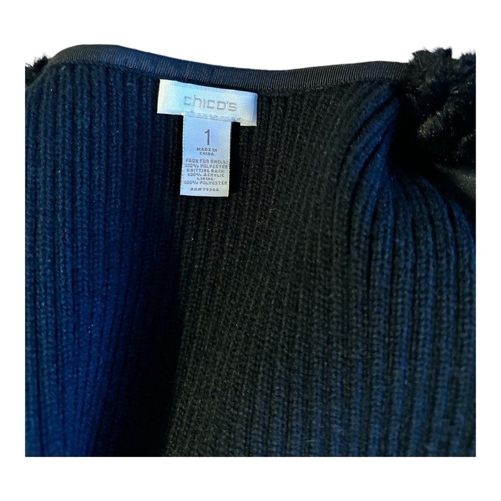 Chico's Womens Faux Fur Black Open Front Lined Vest Ribbed Back Pockets Size 1 - Picture 5 of 8